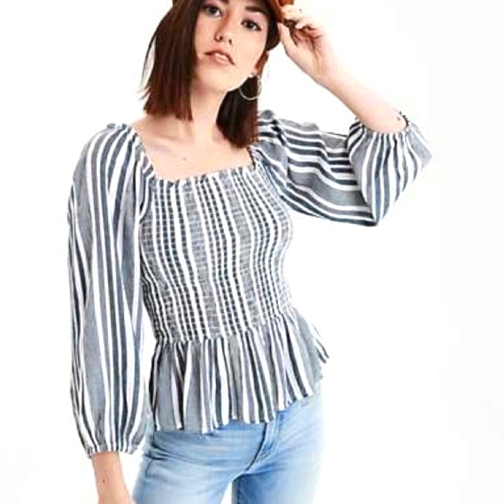 American Eagle Top Blue Striped Smocked Long Balloon Sleeves Pullover Si…